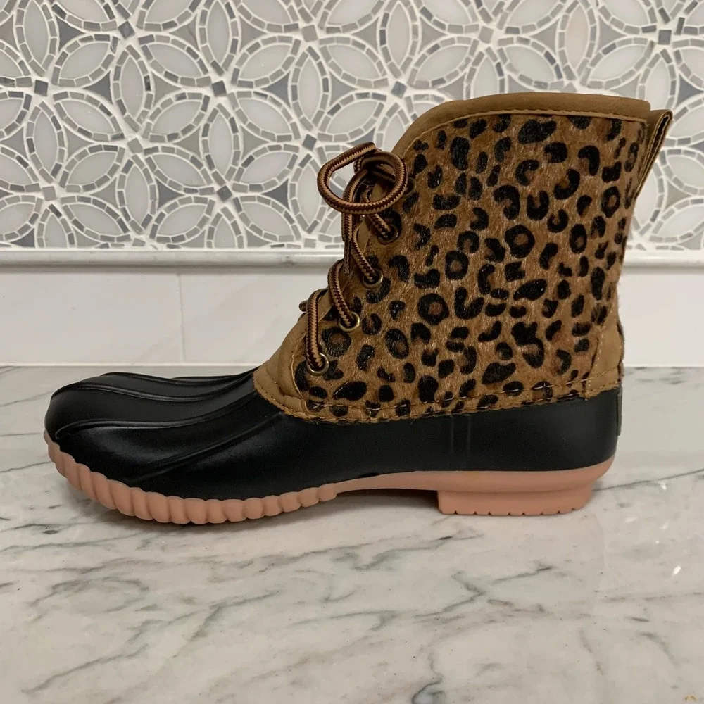 Marleylilly Women's Leopard Print Duck Boots Waterproof Faux Fur Size‎ 8